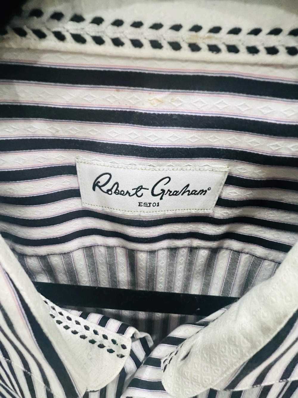 Robert Graham Striped Button-Up Shirt in White, Black & Pink